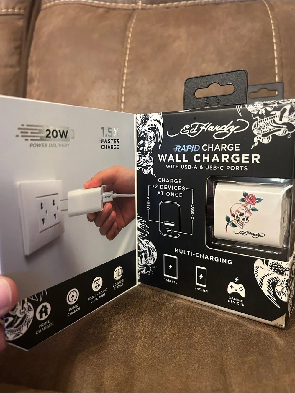 Ed Hardy Black True Wireless Earbuds with White Rapid Charge Wall Charger